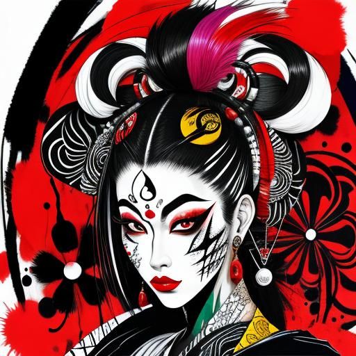 Ink splash, Kabuki head portrait, maximalist style