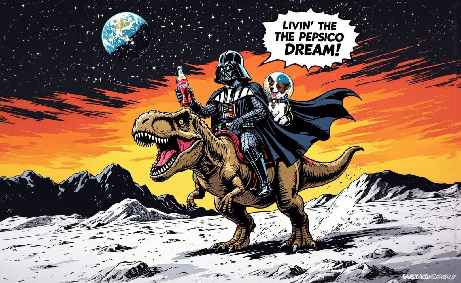 Darth Vader Rides T-Rex on Moon in Comic Style