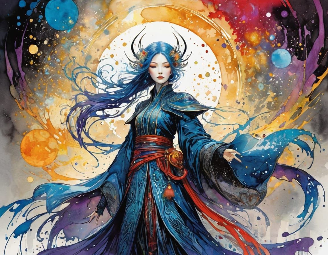 Powerful White Sorceress in Vibrant Watercolor Style