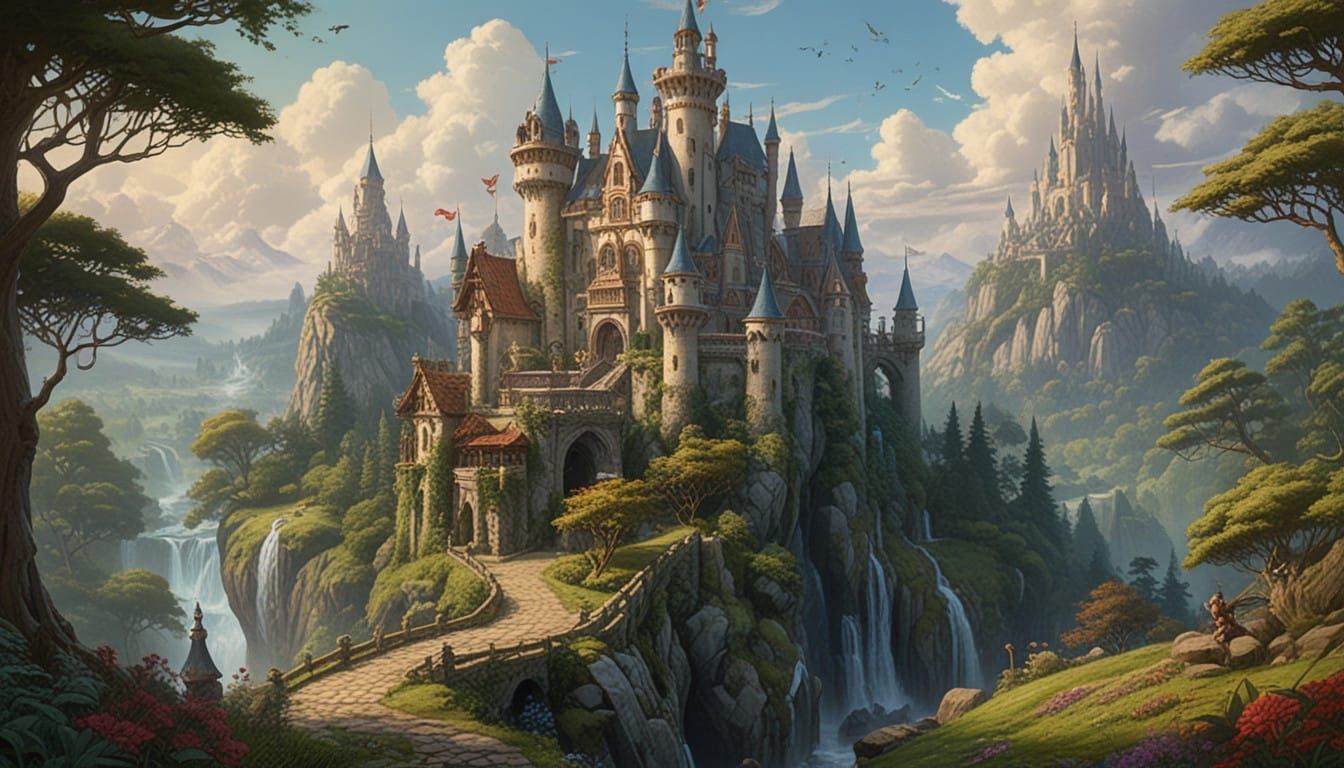 Whimsical Fairytale Castle in Vibrant Forest Landscape