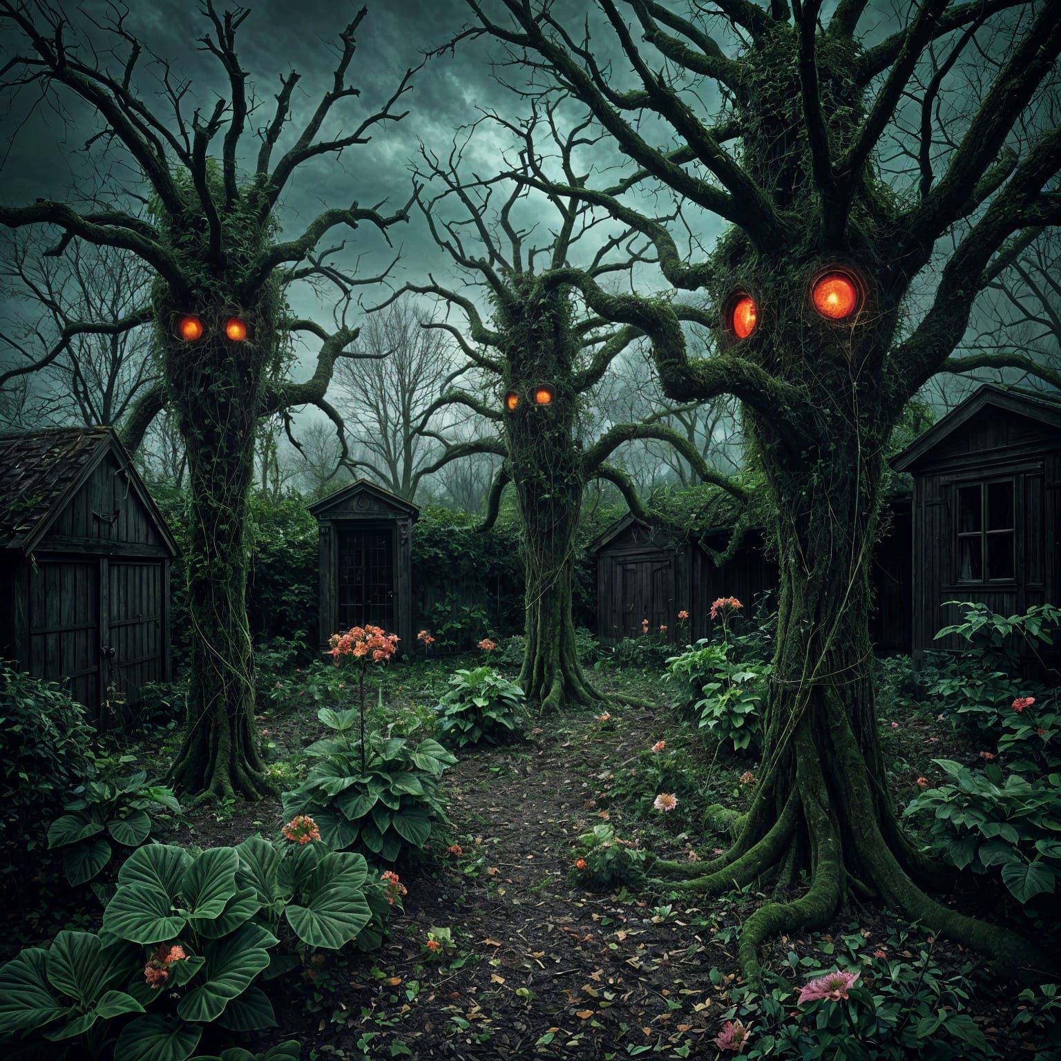 Creepy Overgrown Garden with Glowing Eyes