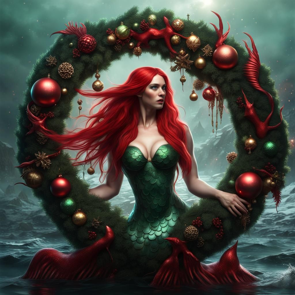 Evil Mermaid Christmas Wreath in Hyperrealistic Style