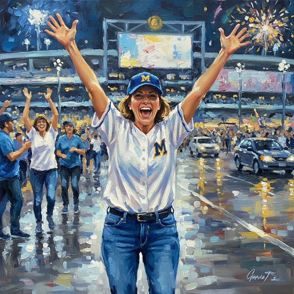 Impressionist Oil Painting of Cheering Woman at Baseball Gam...