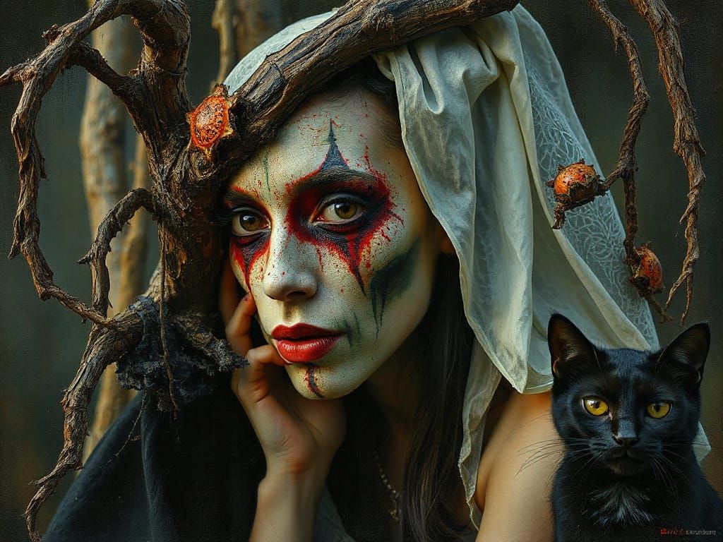 Punk Carnival Face Morphing From Tree Branch in Abstract Sty...