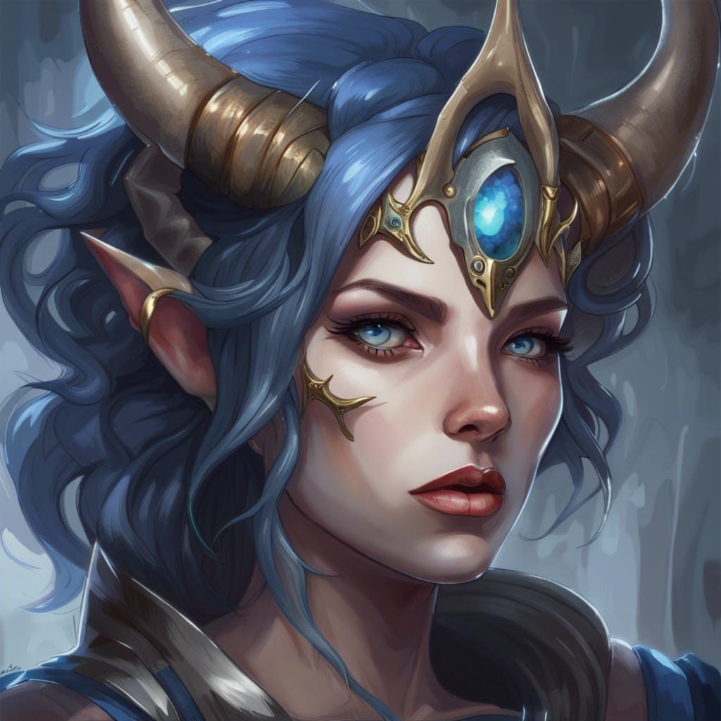 Fierce Blue-Haired Woman with Silver Horns Portrait