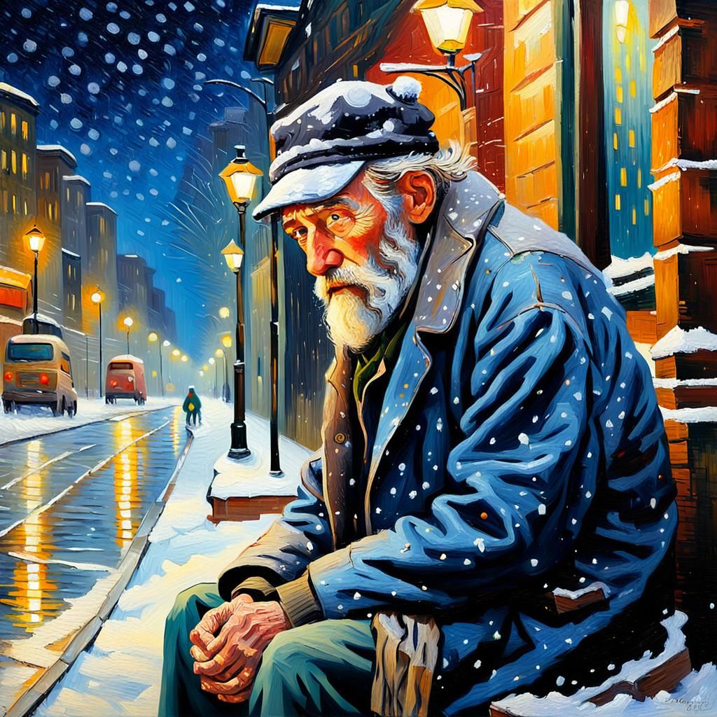 Impressionist Portrait of Homeless Man in Snow