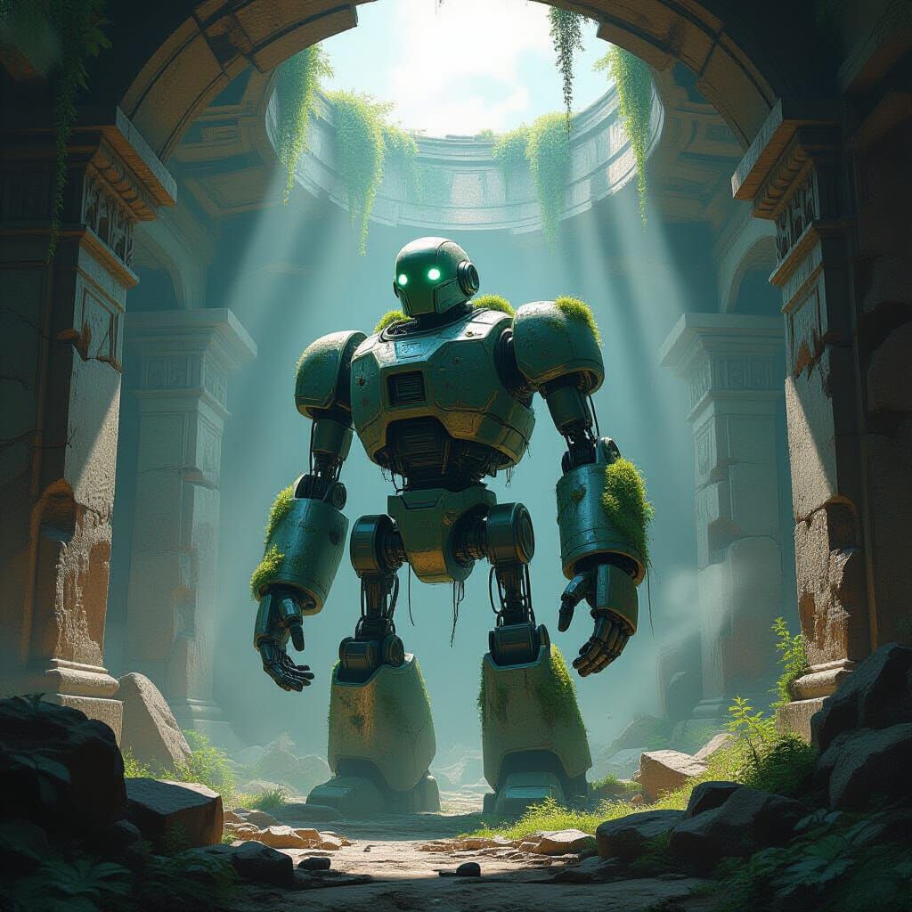 Ancient Robot in Ruined Temple, Painterly Style