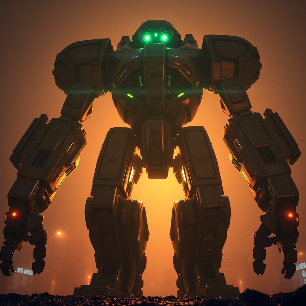 Colossal Sci-Fi Robot Soldier in Dystopian Cityscape
