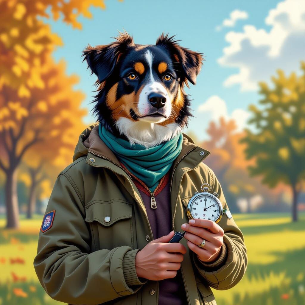 Dog Trainer with Stopwatch in Vibrant Park, Hyperrealistic S...