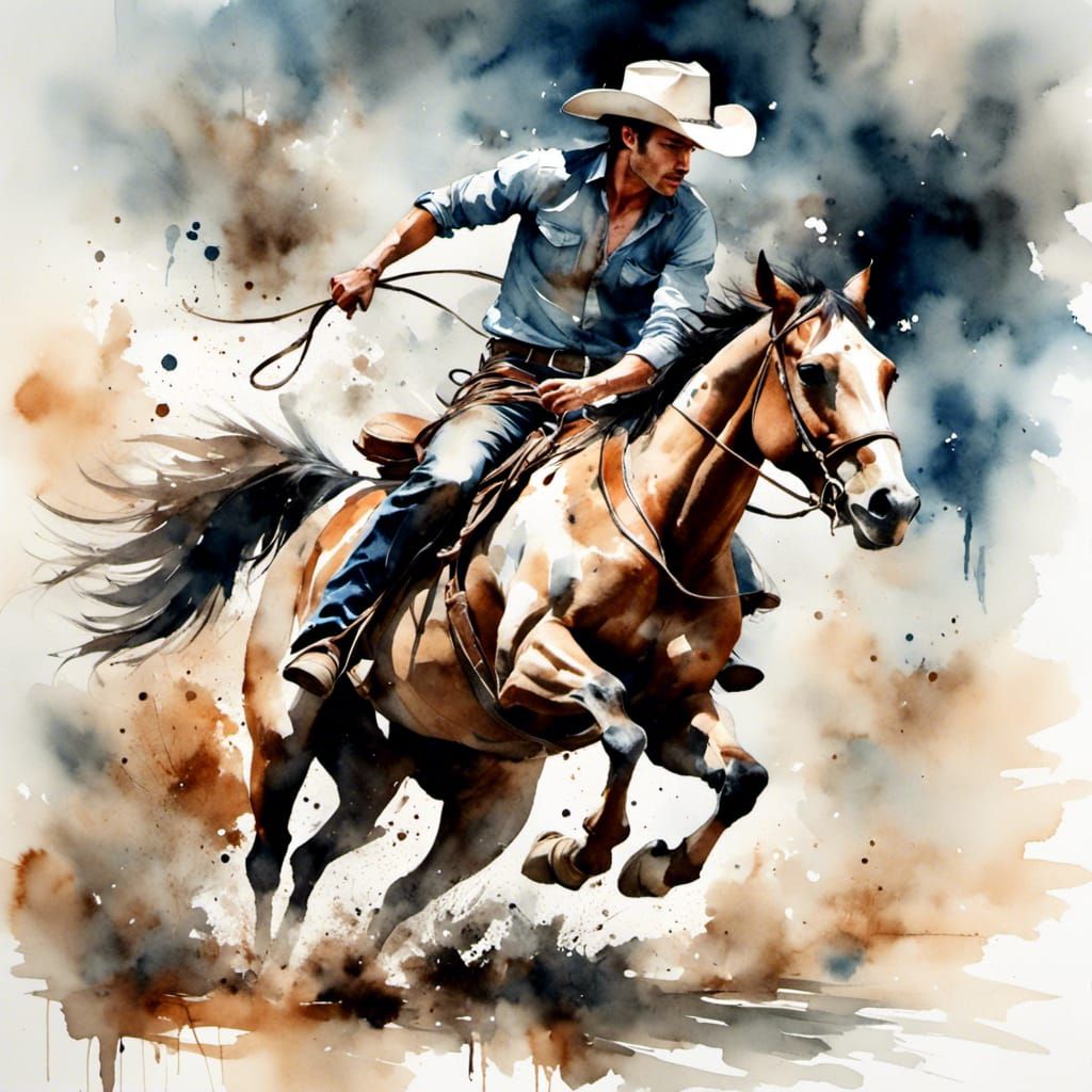 Cowboy on Bronco in Antique Watercolor Style