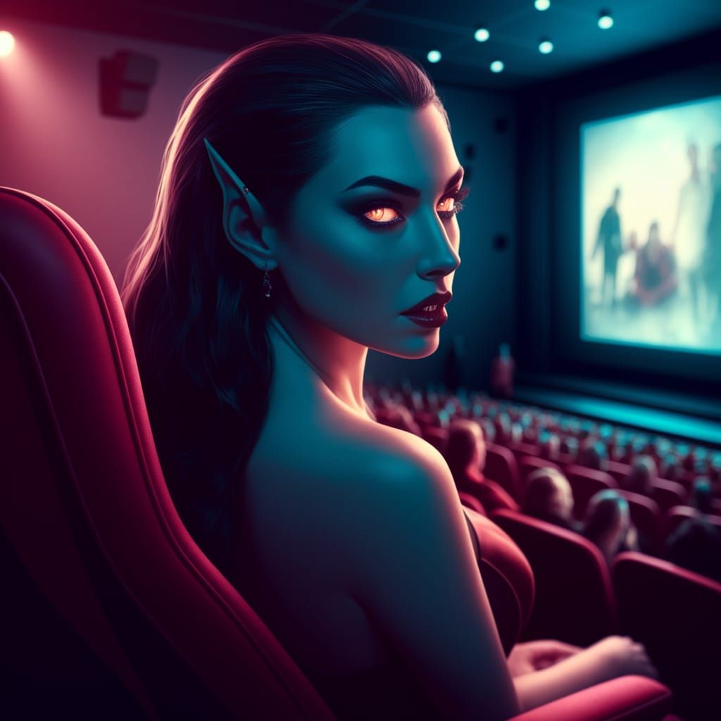 Elegant Vampire Watches Movie in Crowded Cinema