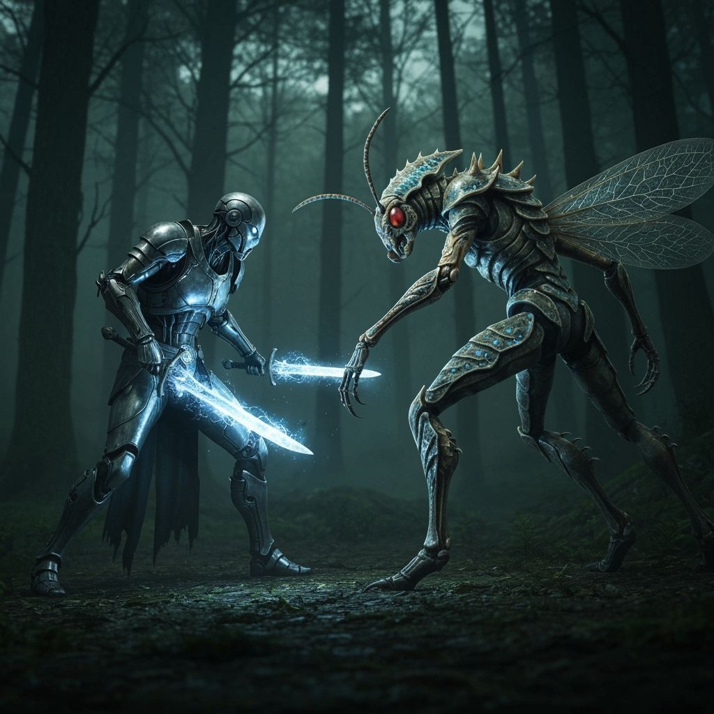 Liquid Metal Warrior Duel in Dark Fantasy Realm