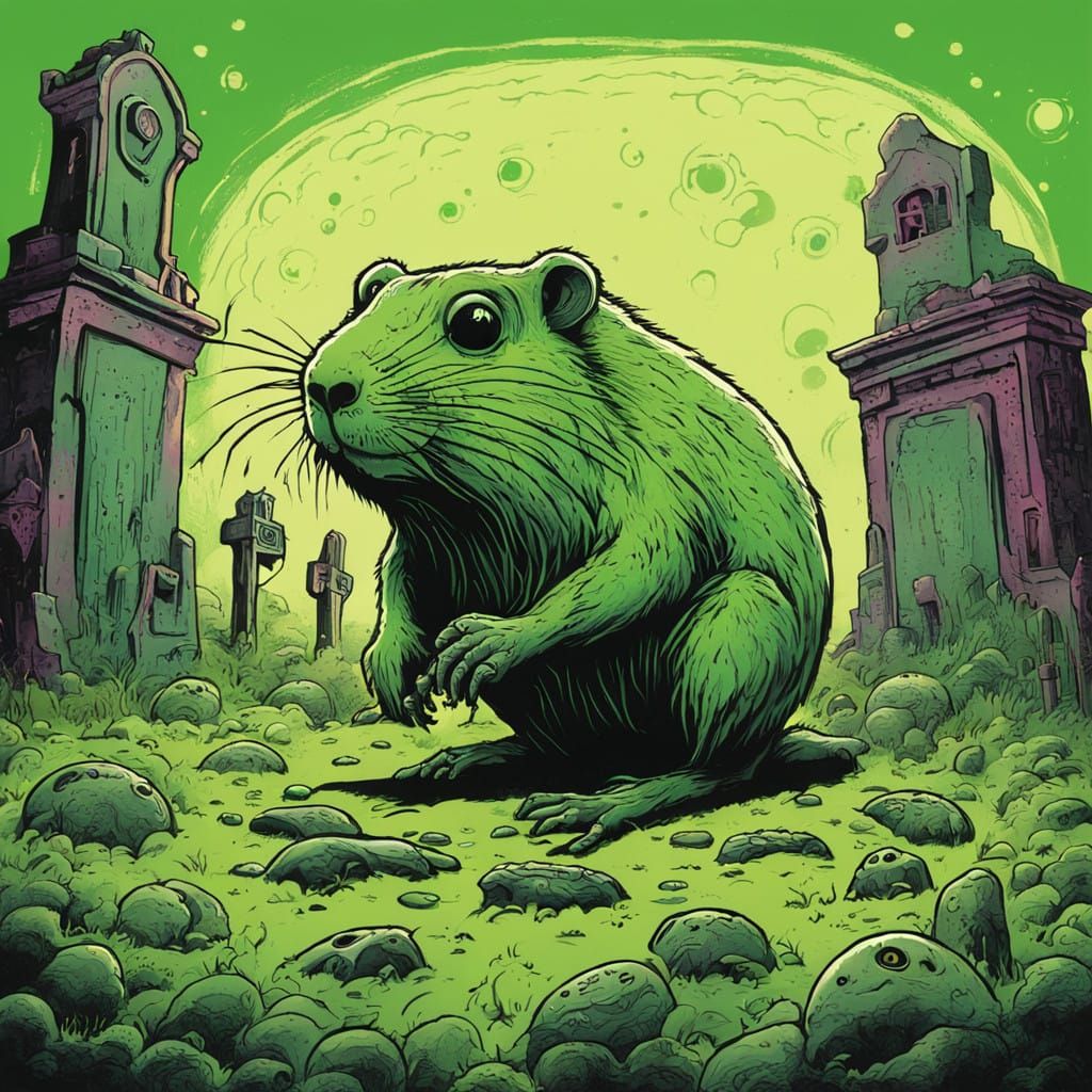 Ethereal Green Gopher in Darkly Whimsical Graveyard of Guts