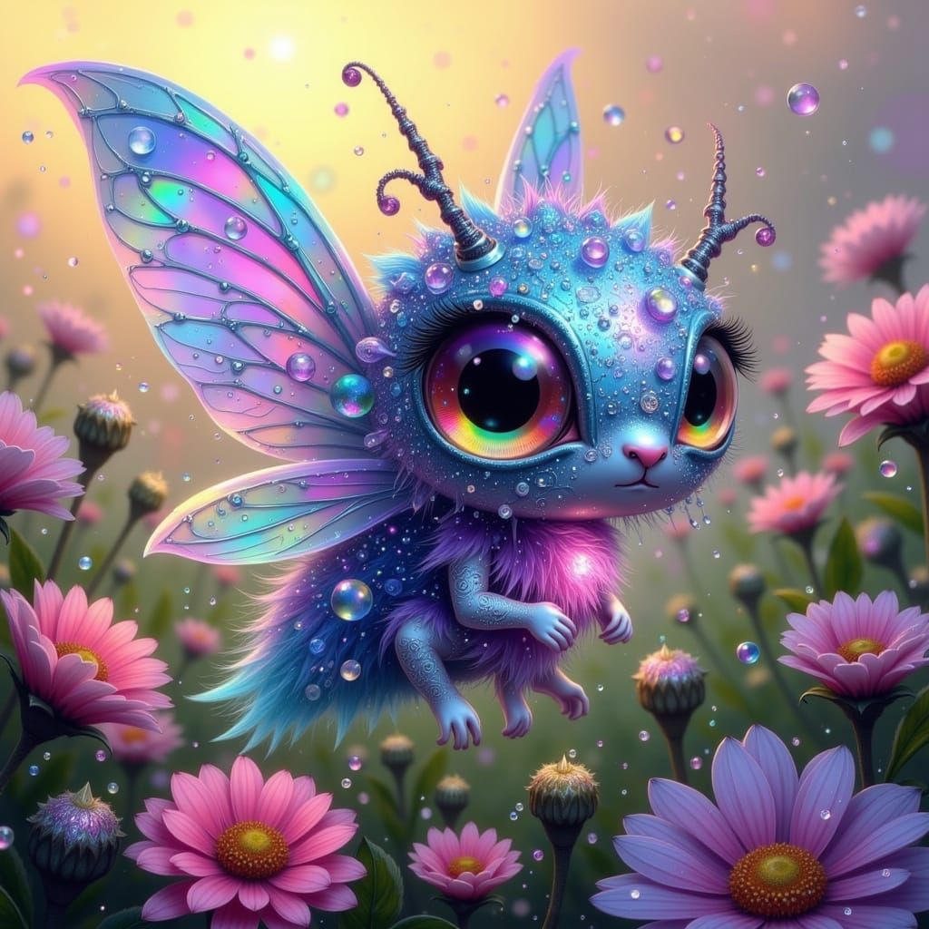 Whimsical Fae in Gingham Coat with Opalescent Wings