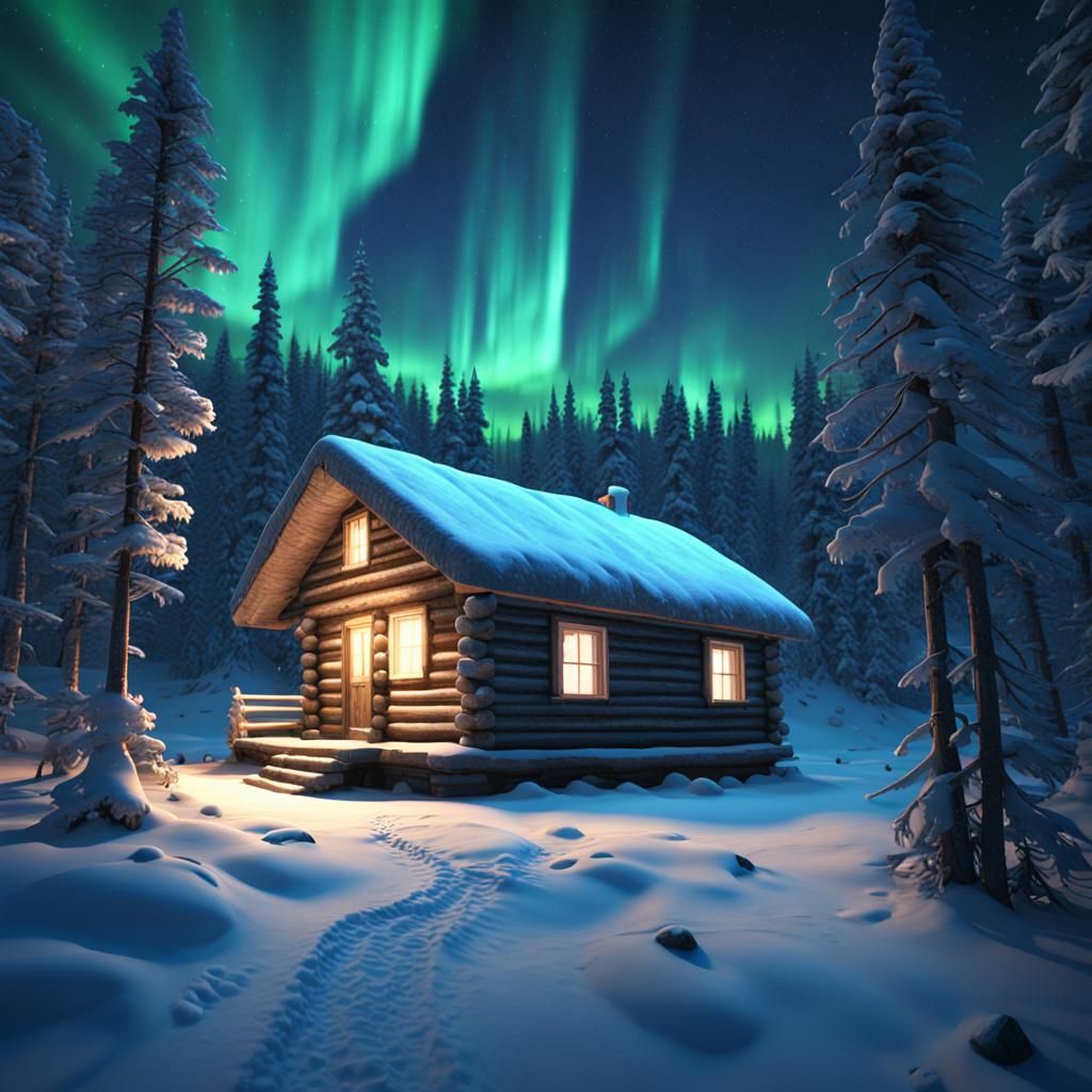 Alaskan Log Cabin Under Aurora Borealis at Night