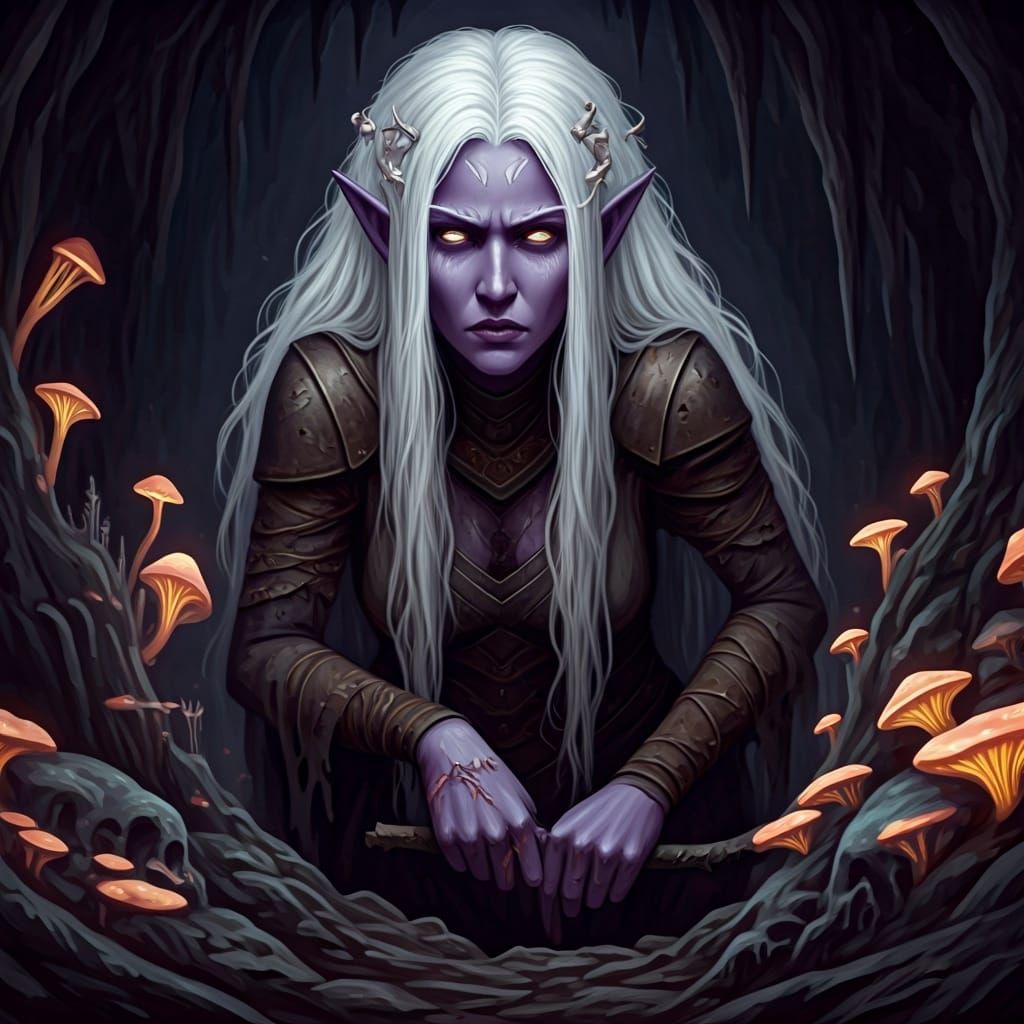 Drow Woman in Bioluminescent Mystical Darkness