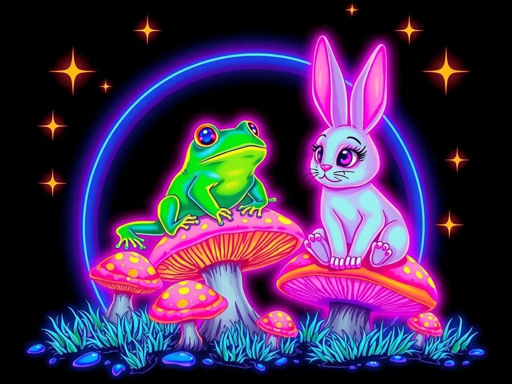 Psychedelic Neon Poster: Frog and Rabbit on Mushrooms