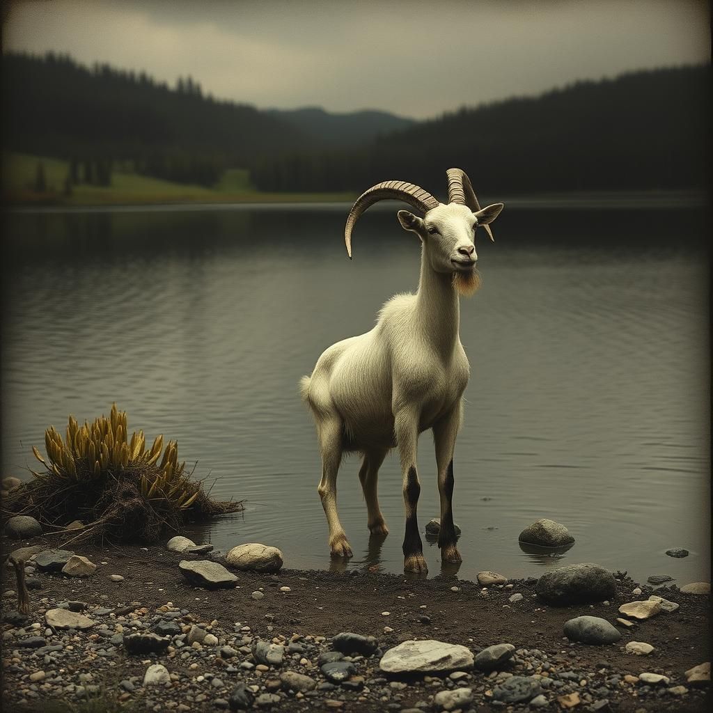 Eldritch Goat on a Lakeside Shore