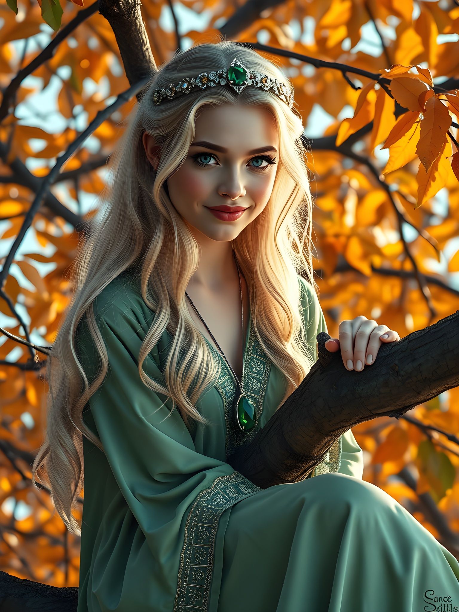 Norse Goddess in Autumnal Landscape, Oil Painting