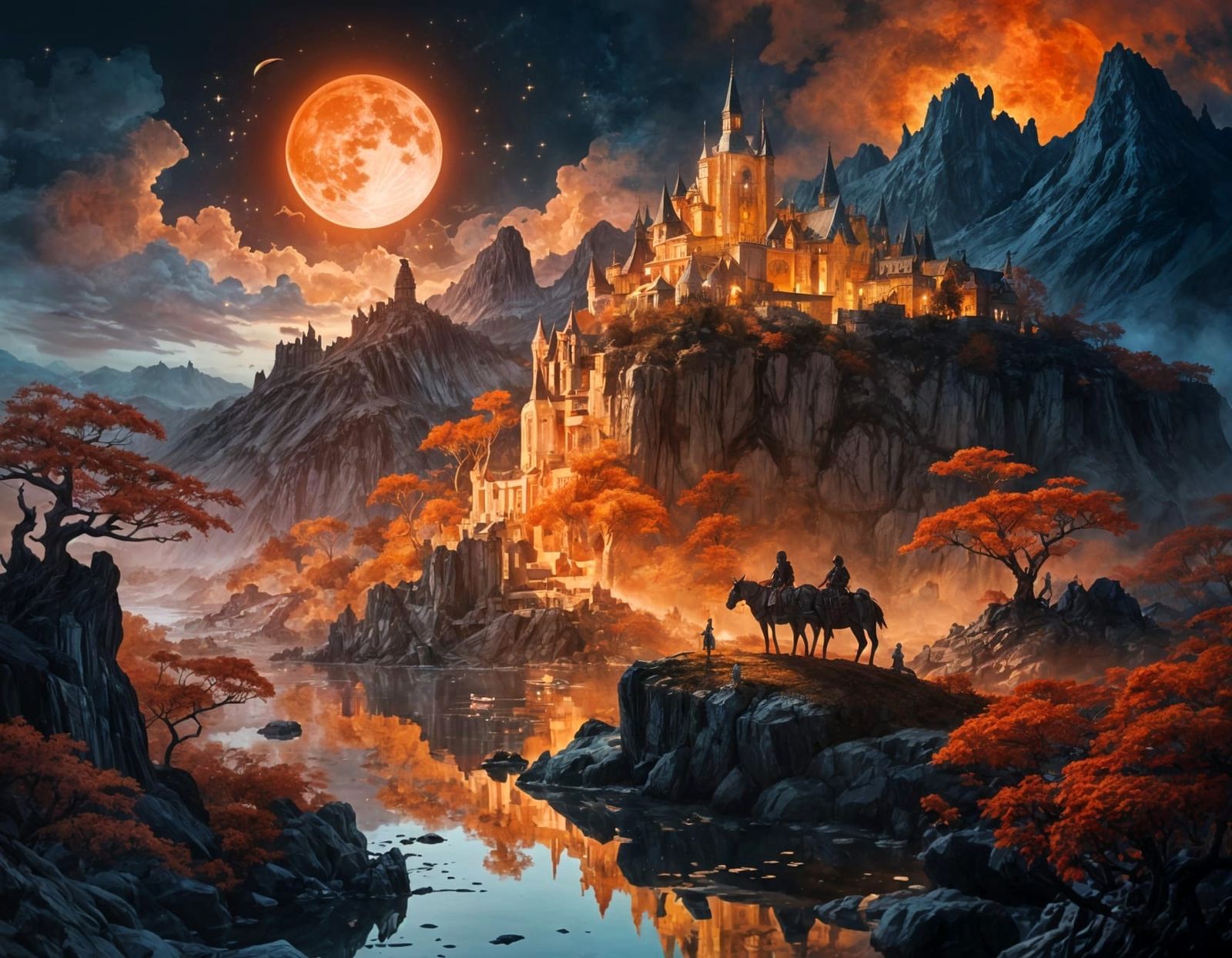 Fantasy Kingdom Under Blood Moon in Digital Watercolor
