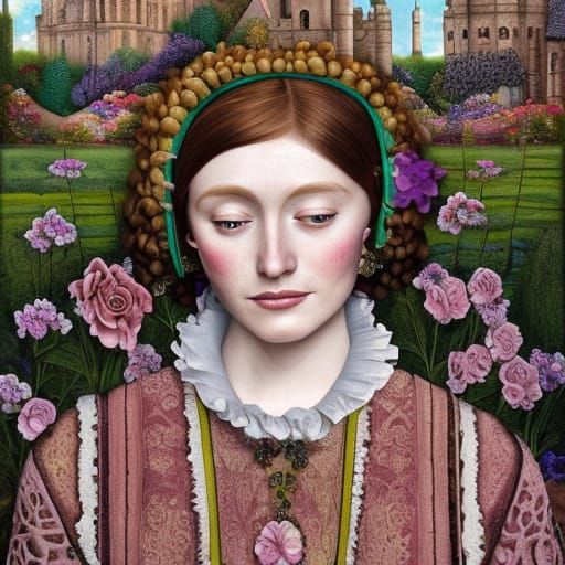 Tudor Lady in Castle Garden: Digital Illustration