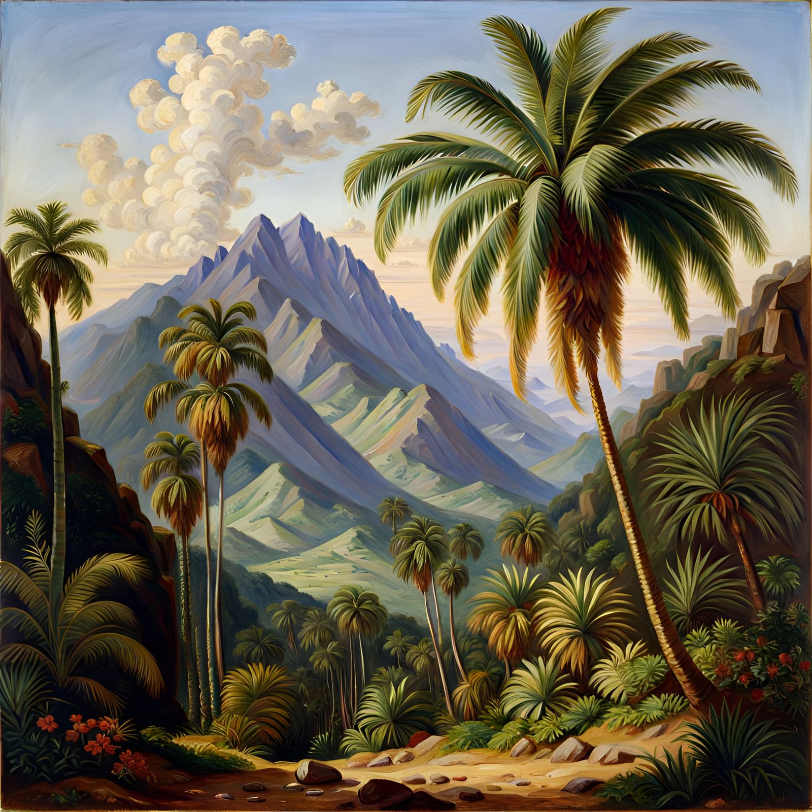 Lush Tropical Mountain Landscape in Oil Painting Style