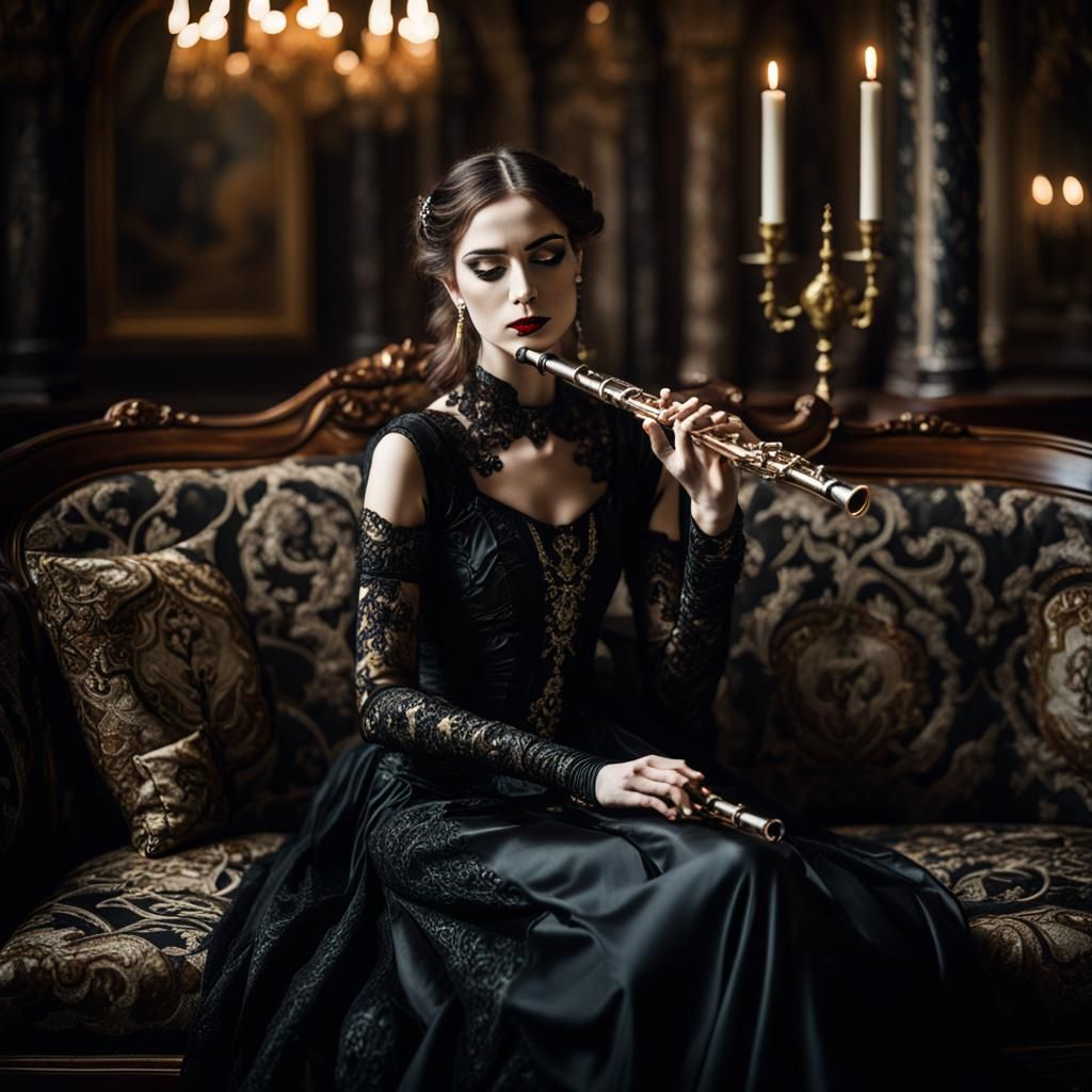 Gothic Girl Playing Flute in Baroque Setting