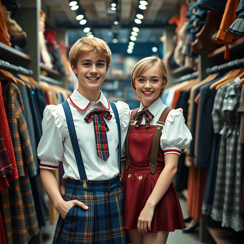 Students in Tartan Uniforms Shopping, Digital Painting