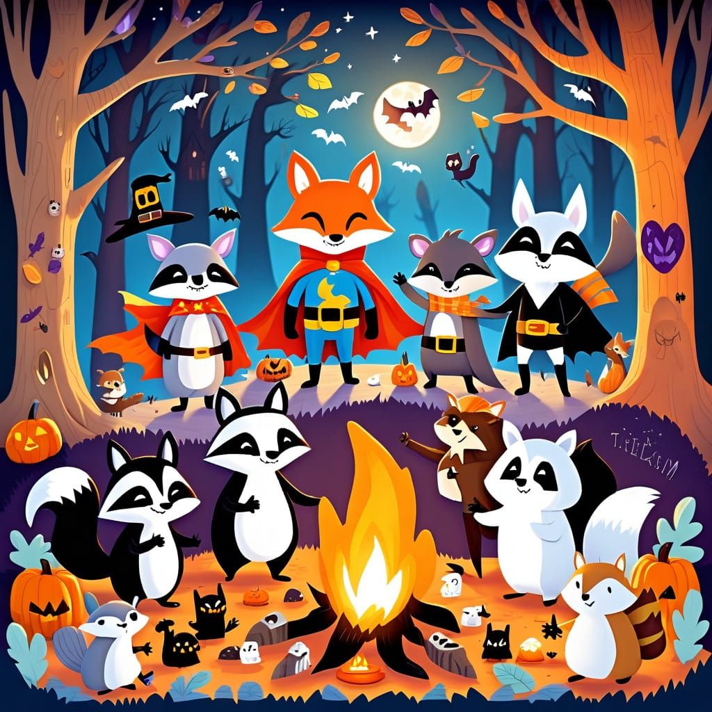 Woodland Creatures in Costumes by Campfire