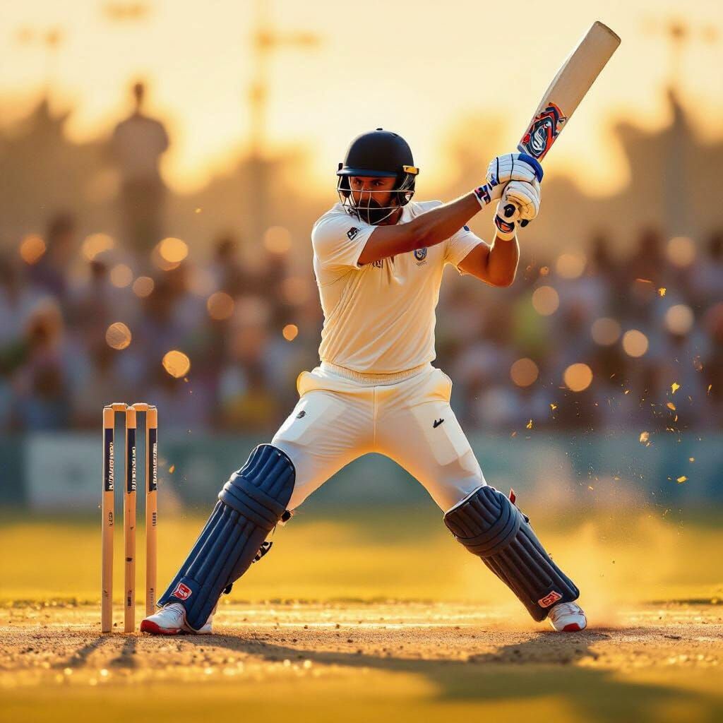 Cricket Player Batting in Golden Hour Oil Painting