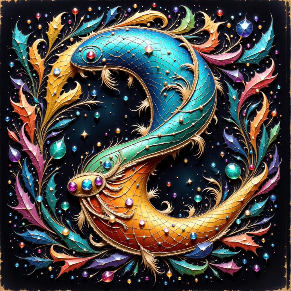 Yin-Yang Fish with Gems and Fractal Background