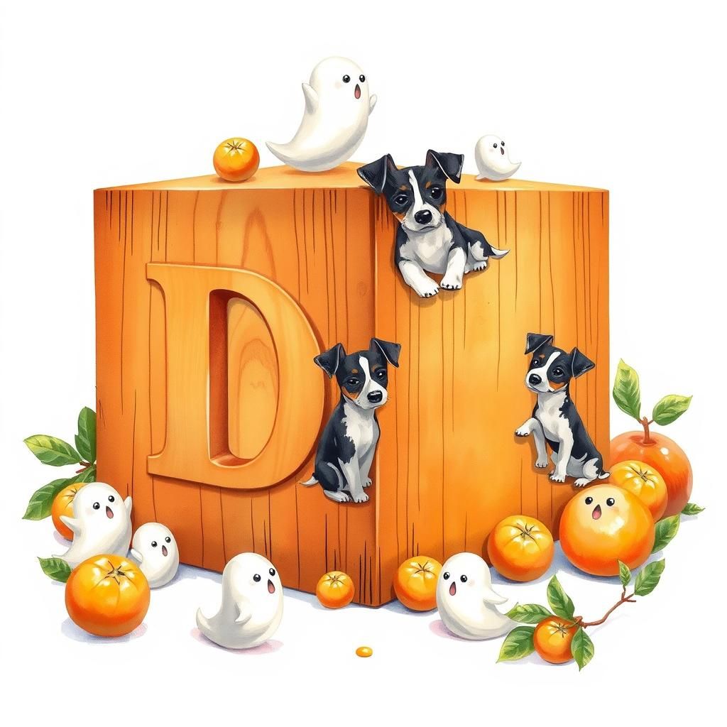 Whimsical Autumn Cube with Dog and Ghosts