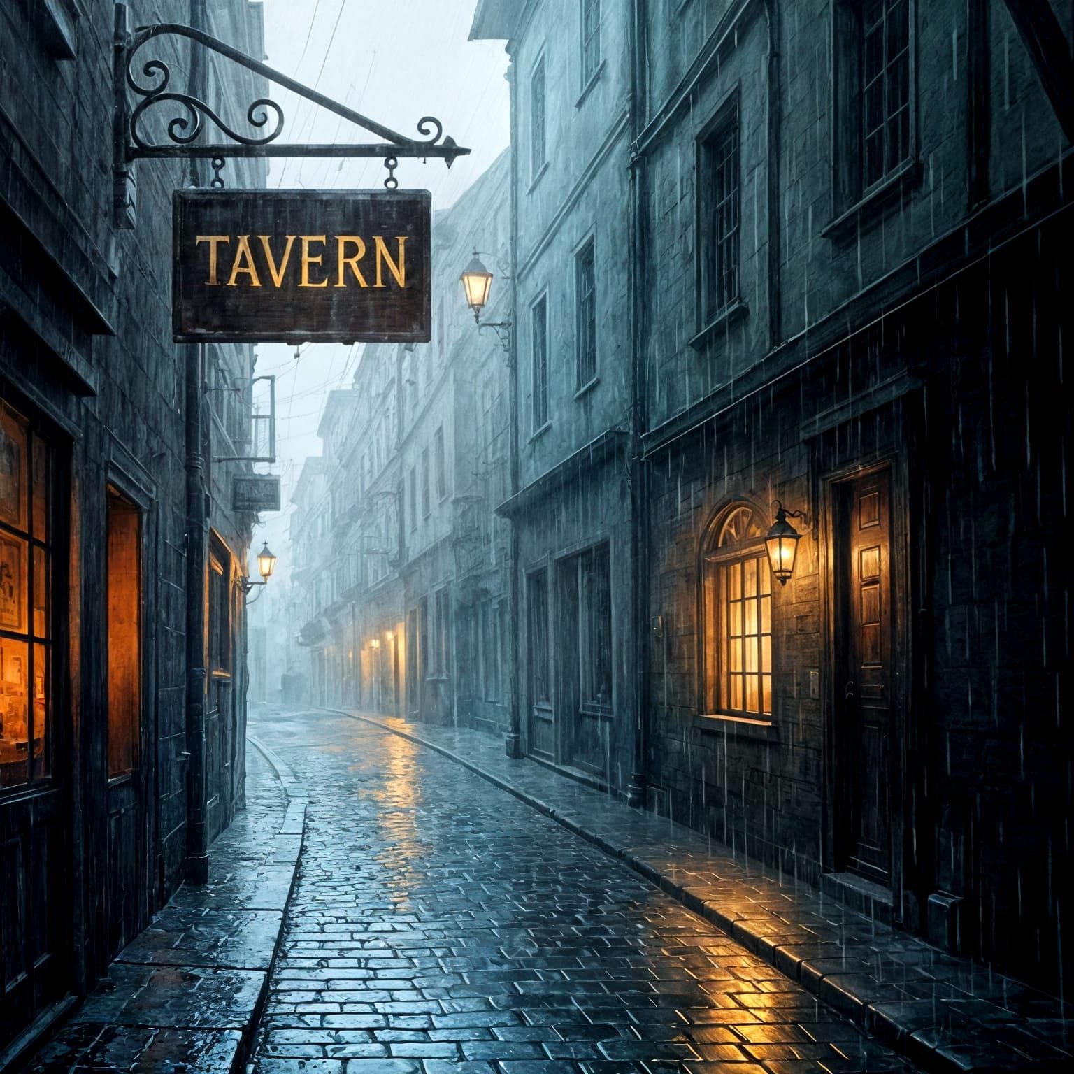 Atmospheric Tavern Alleyway in Watercolor Style