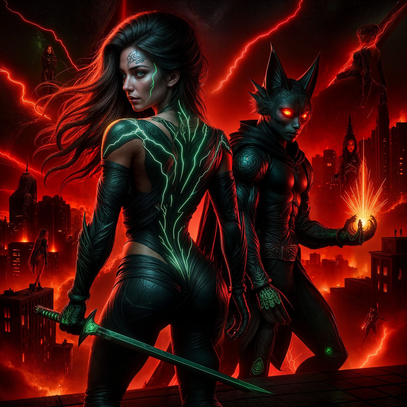 Futuristic Heroine and Feline Warrior on Neon Rooftop