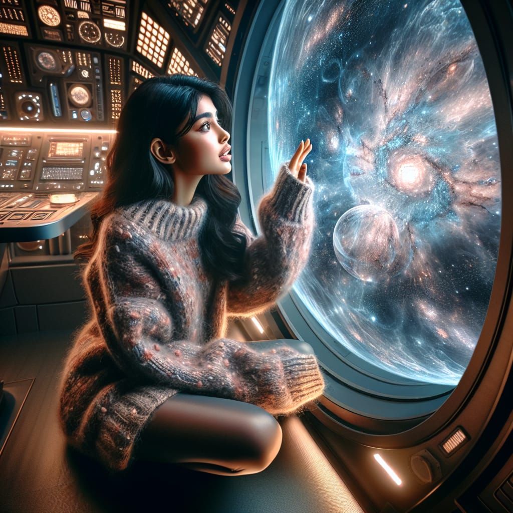 A Young Astronaut Peers into the Cosmos through a Spherical...
