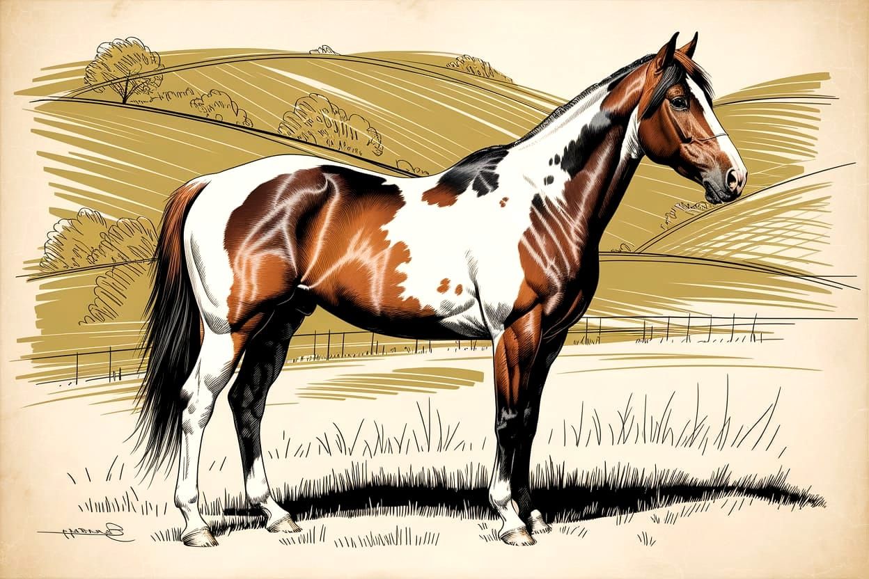 Realistic Overo Paint Horse in Sunlit Pasture