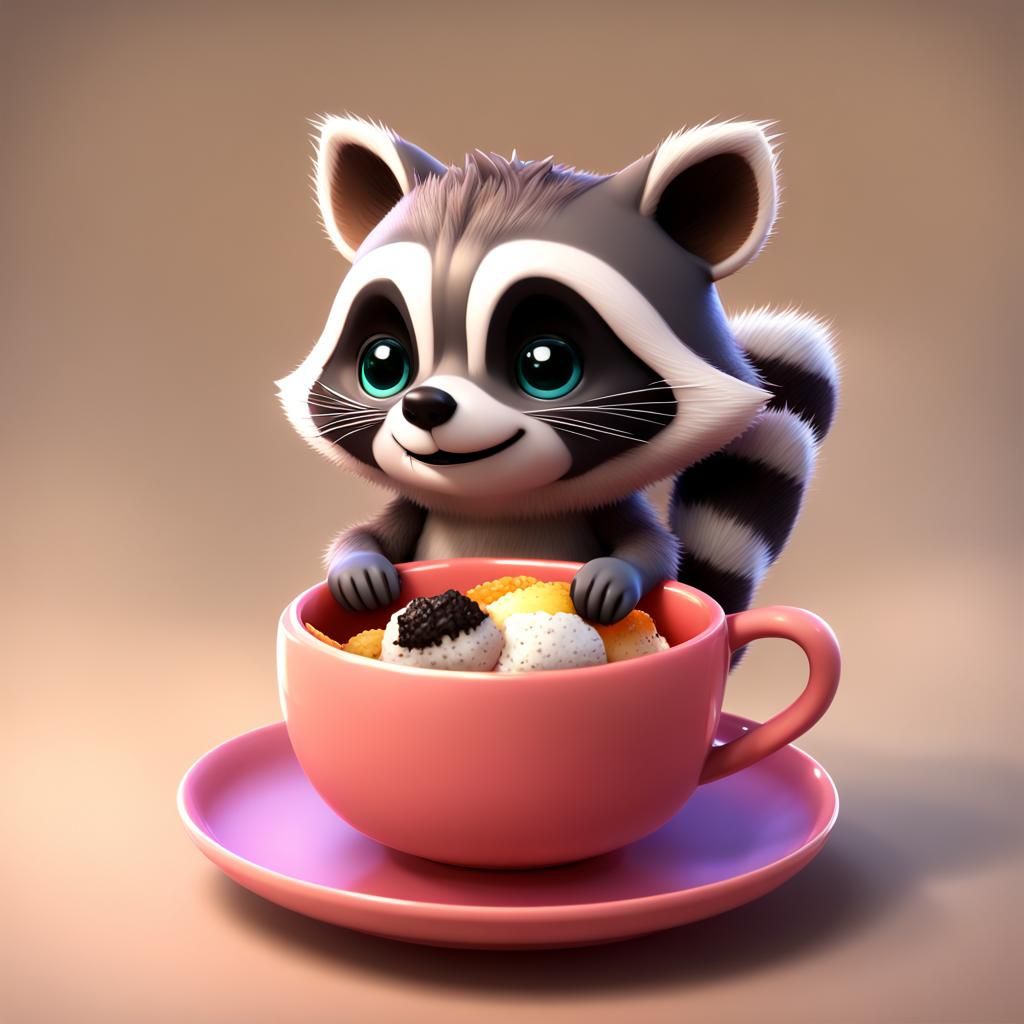 Cartoon Raccoon in Teacup Eating Onigiri