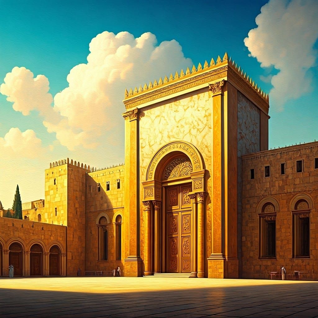 Golden Temple in Jerusalem, Ornate Hebrew Carvings, Pomegran...