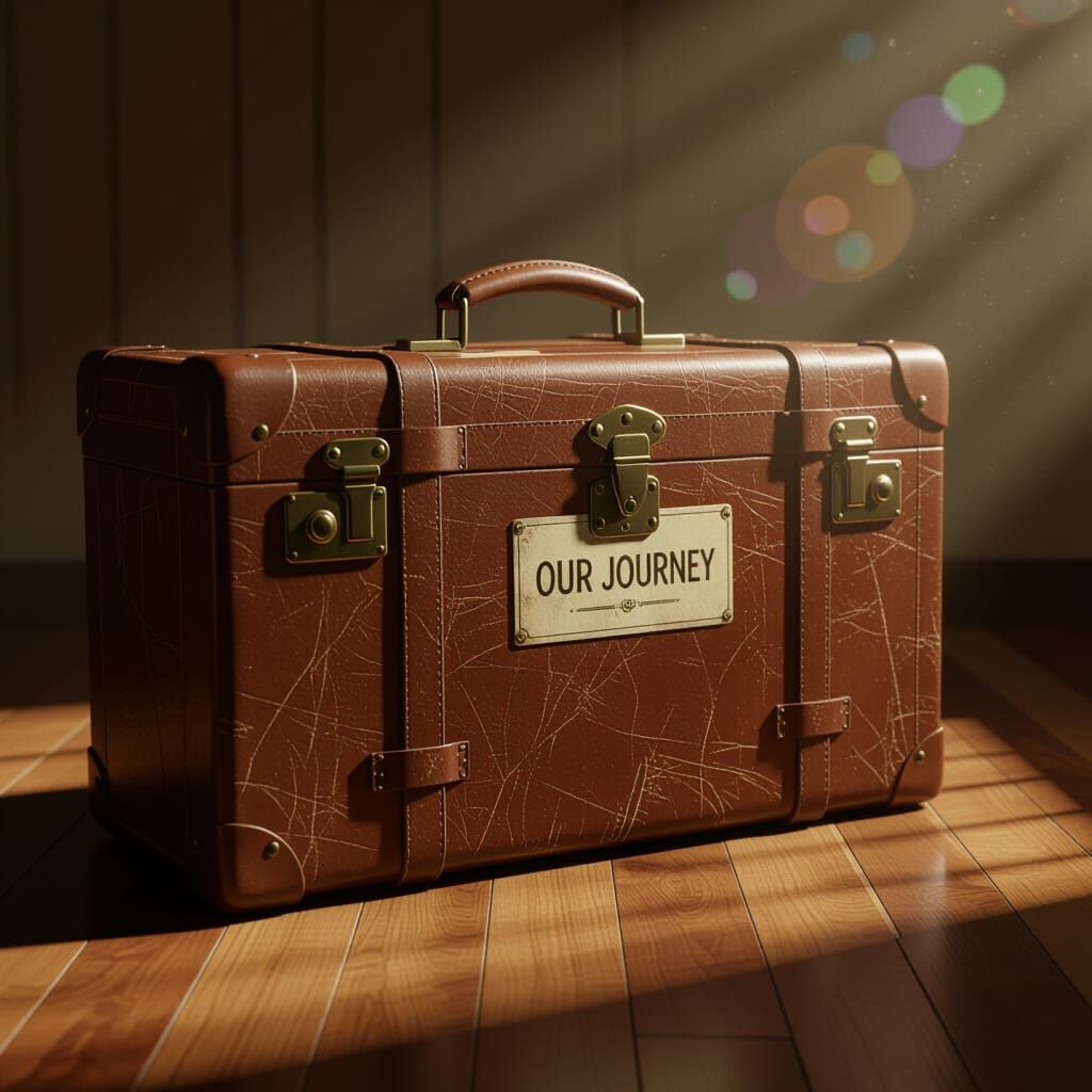 Vintage Suitcase "Our Journey" Label in Cinematic 3D