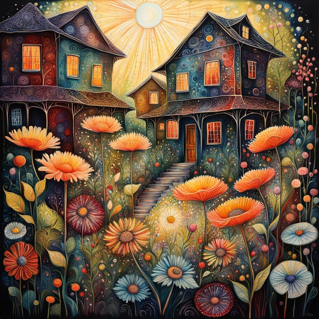 Sunlit Garden in Folk Art Style