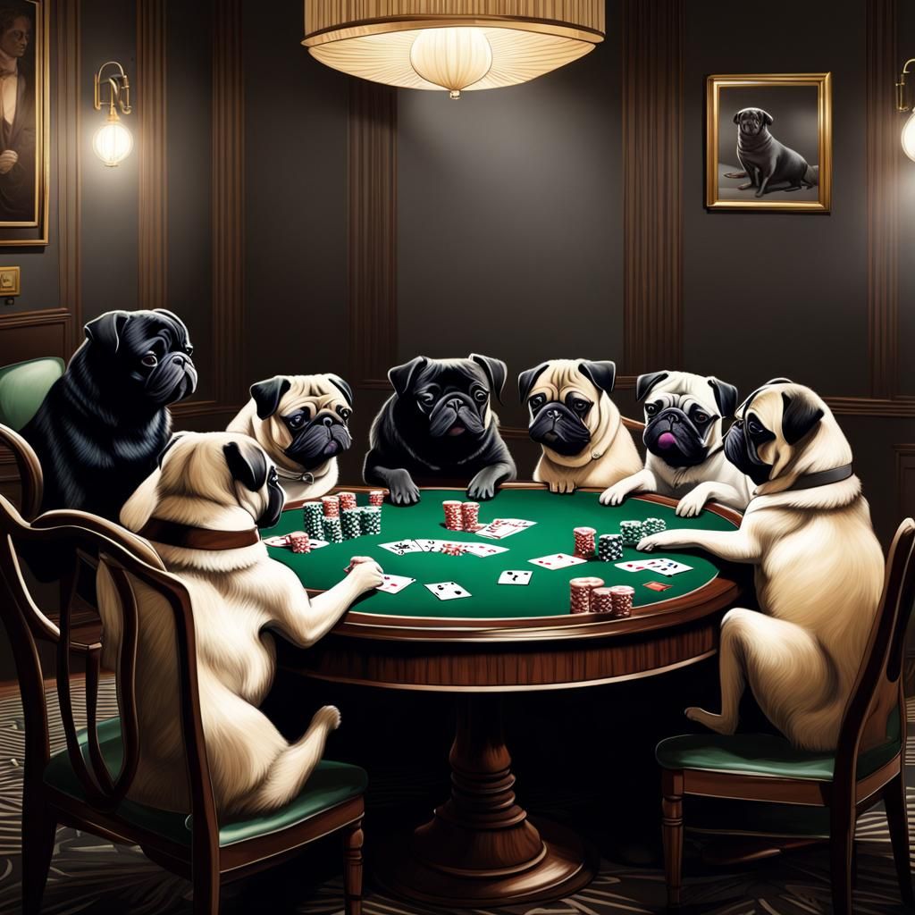 Pug Playing Poker in Art Deco Room