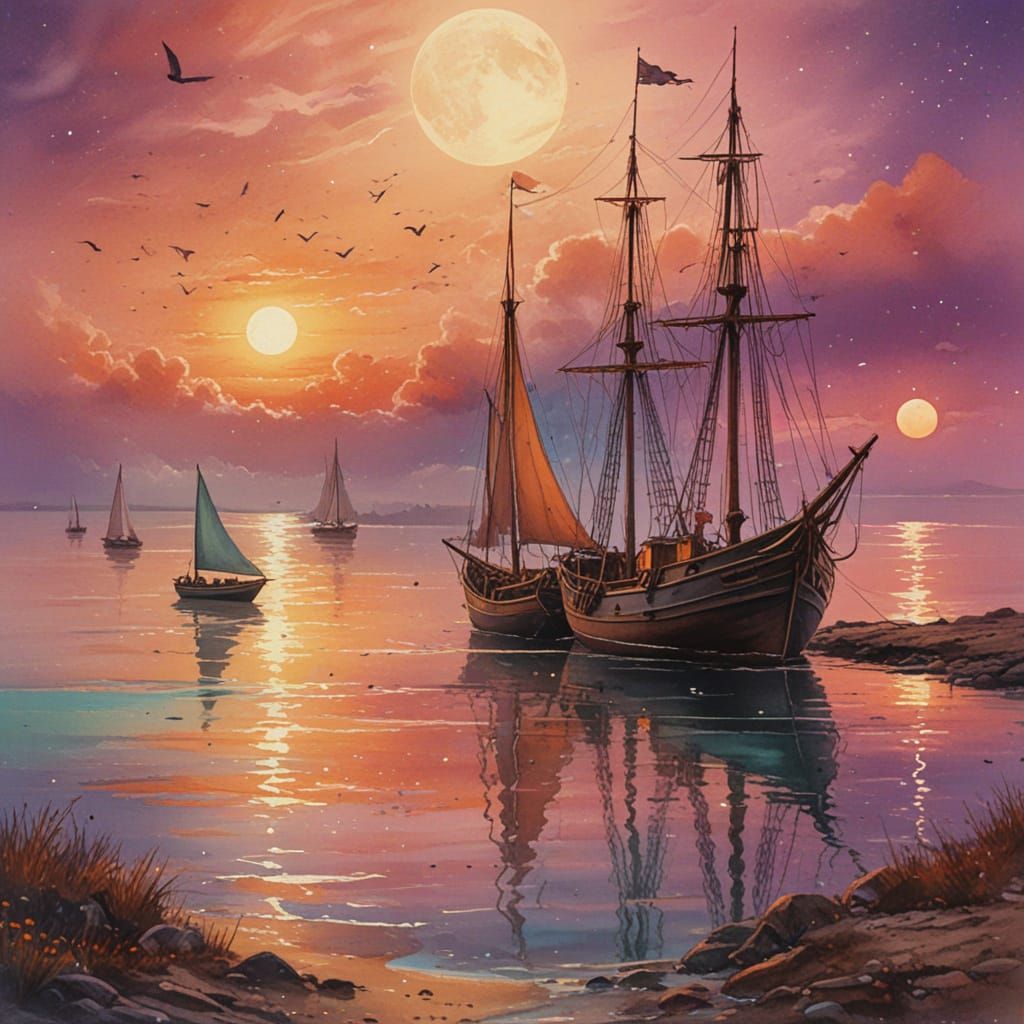 Whimsical Watercolor Dreamscapes at Sunset