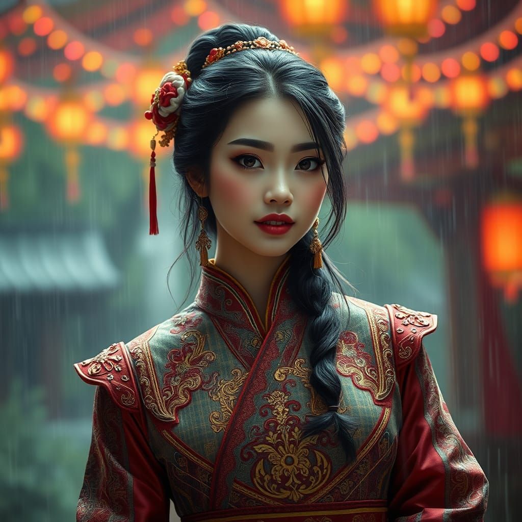 Beautiful Necromancer in Opulent Rainy Landscape