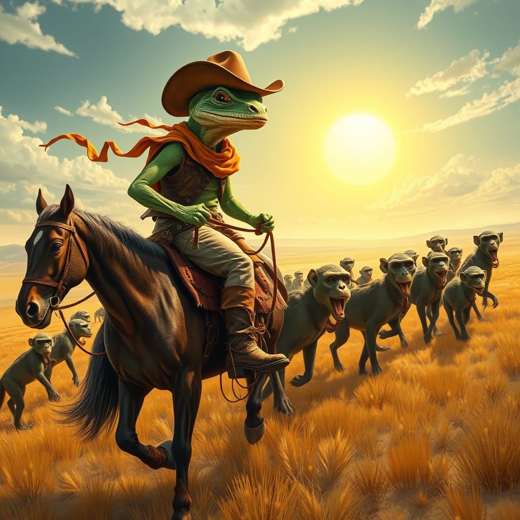 Rustic Cowboy Lizard Herds Exotic Monkeys in Vibrant Open Fi...