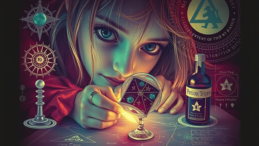 Witch Creating Magic Blueprint with Glowing Potion