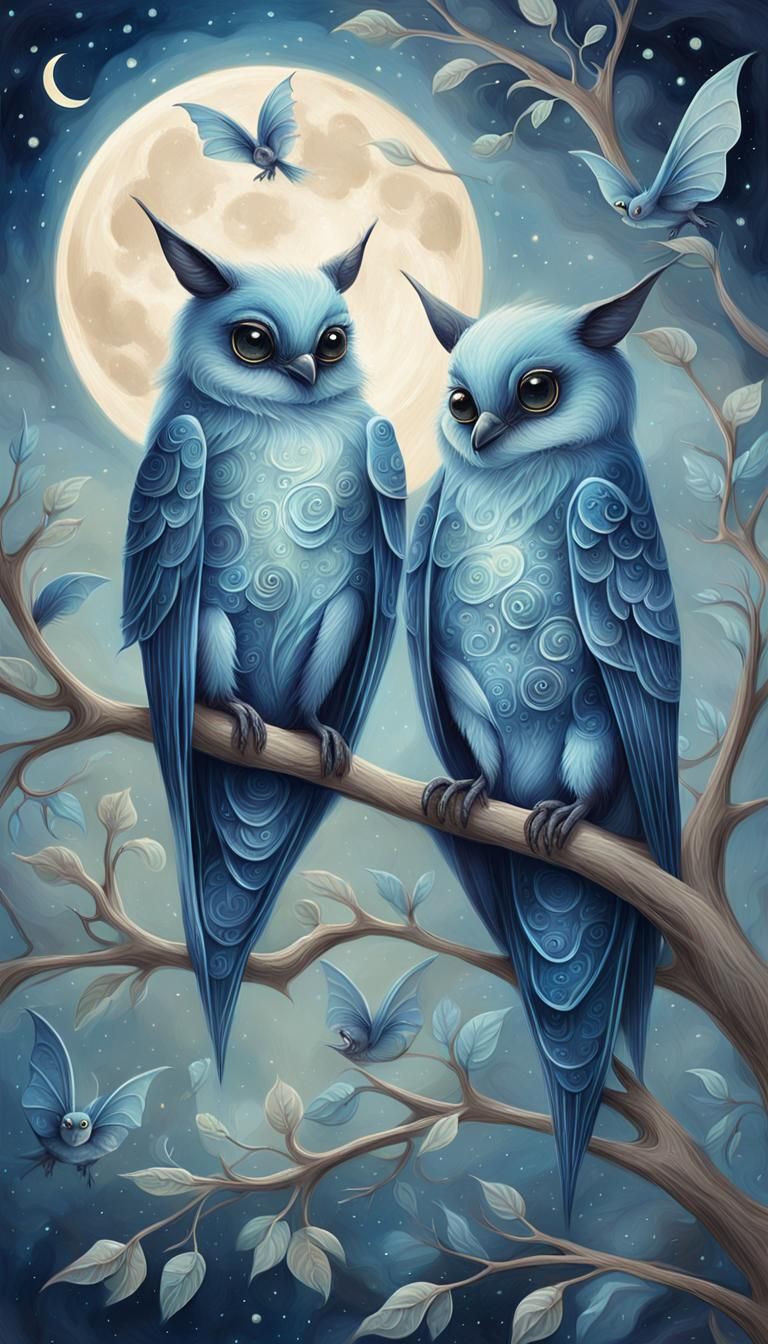 Moonlit Bird-Bats: A Whimsical Fantasy Illustration