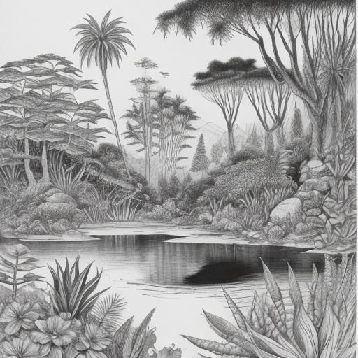 Botanical Ink Drawing of a Hidden Oasis
