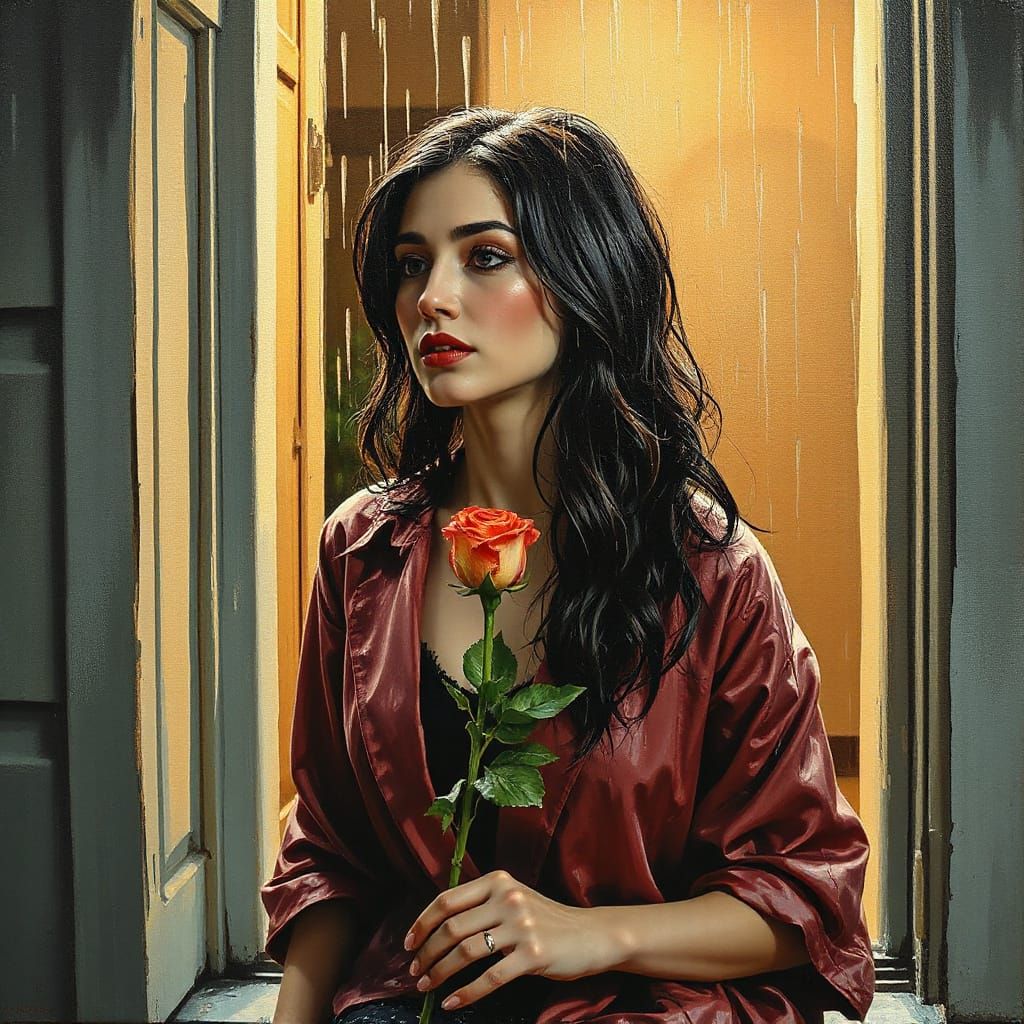 Woman in Rain with Rose, Impasto Style