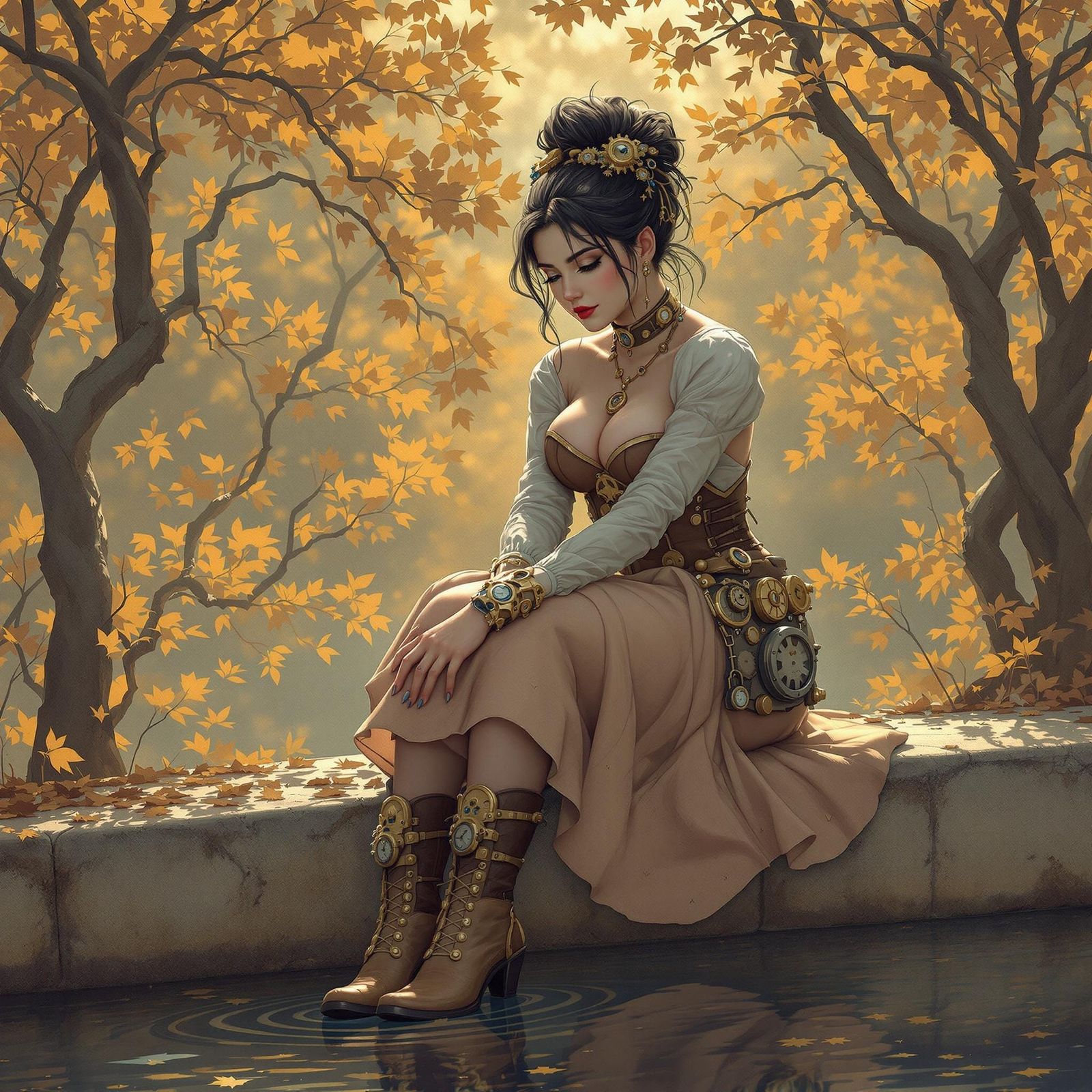 Enchanting Steampunk Girl Sits on Weathered Stone Ledge