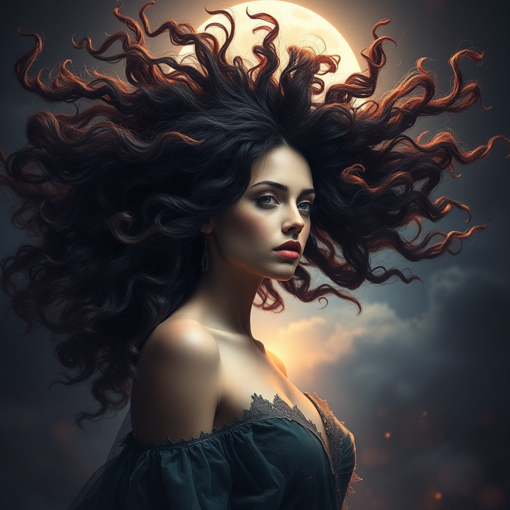 Ethereal Woman with Windswept Hair, Fantasy Art